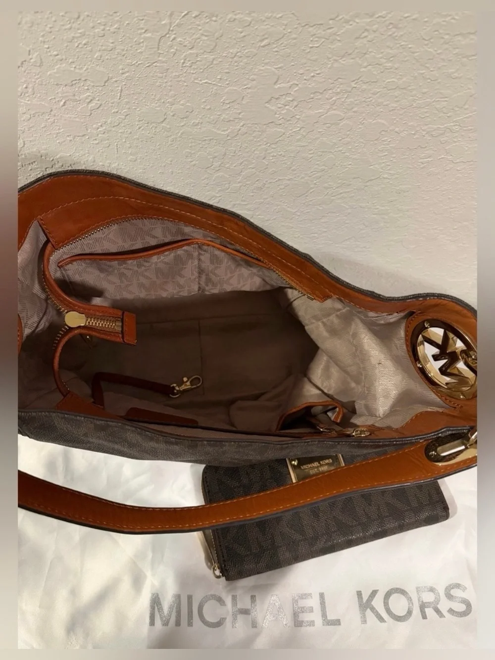 Michael Kors Dark Brown MK Monogram Tote with Zip Wallet